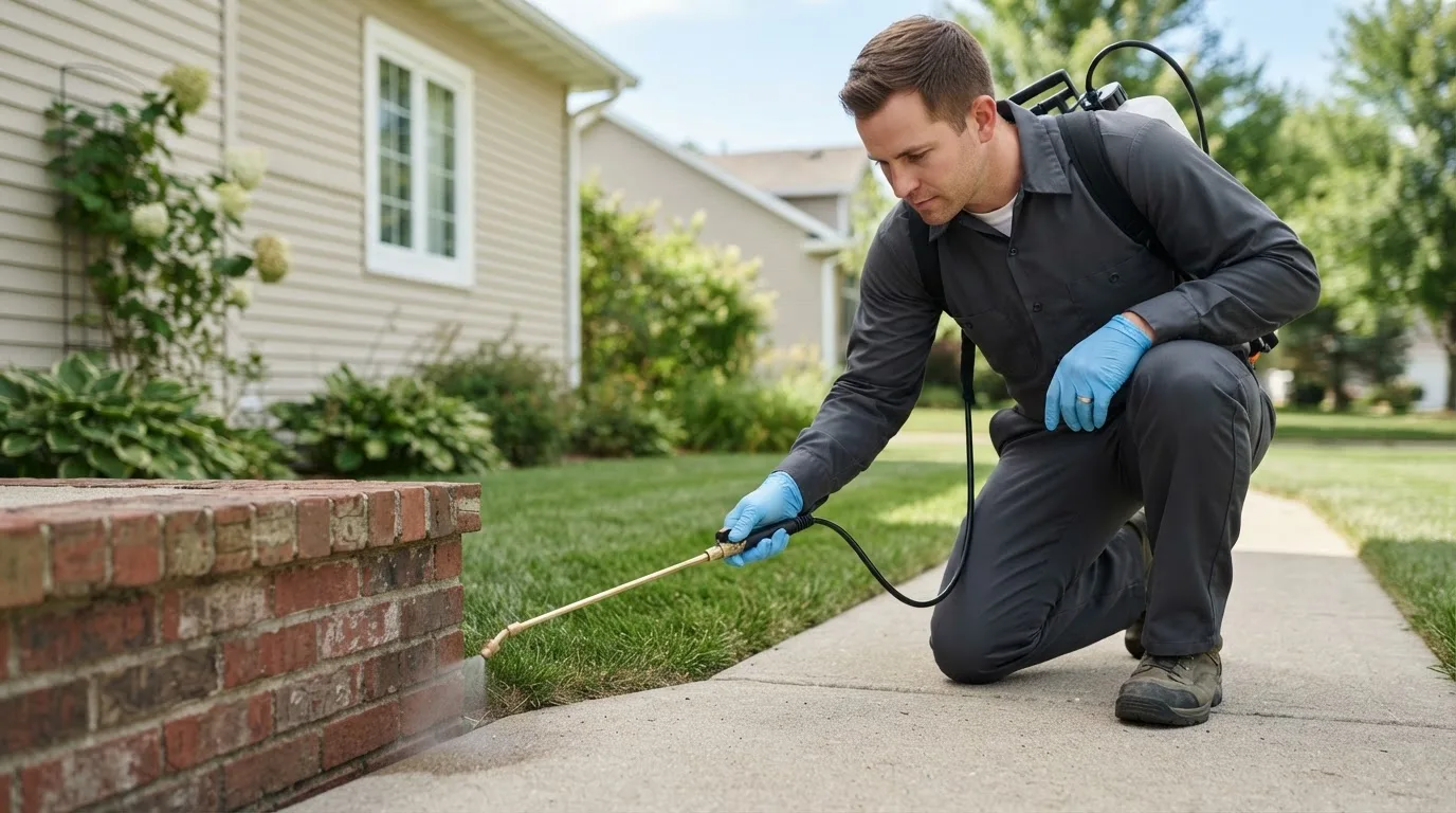 Pest control technician treating a home near Quitaque, TX